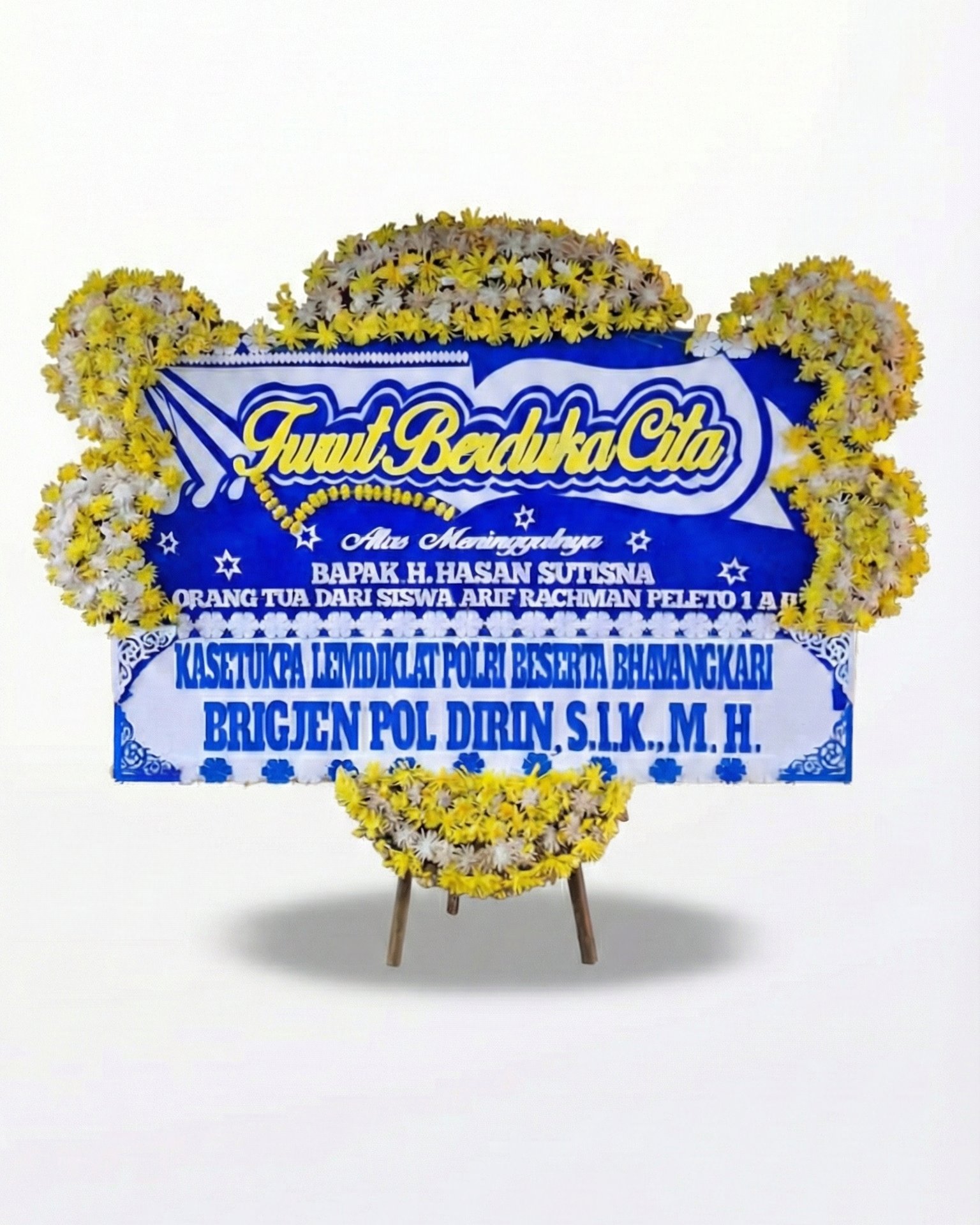 Karangan Bunga Papan Duka Cita Biru Putih Premium