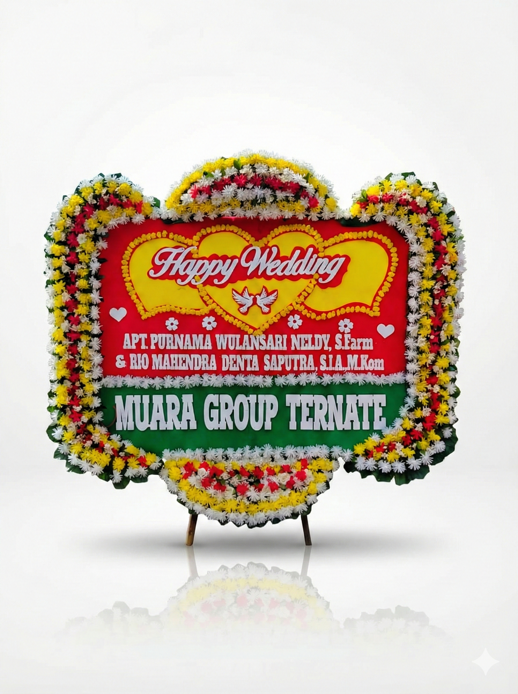 Papan Bunga Wedding Premium - Desain Double Heart Merah Kuning